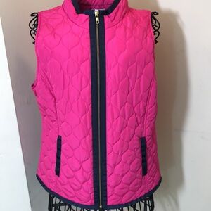 crown & ivy Fuschia Quilted Vest Trimmed in Navy Blue